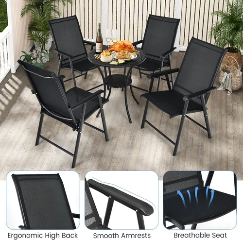 Miniatura 6 de Tangkula Juego de 2 sillas plegables para patio, sillas de comedor de tela para exteriores con respaldo alto y reposabrazos, marco de metal Negro