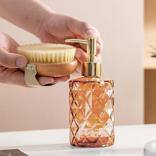 Miniatura 4 de Dispensador de jabón de vidrio naranja con bomba dorada, paquete de 2 dispensadores de jabón para encimera de baño de 12 onzas, dispensador de jabón