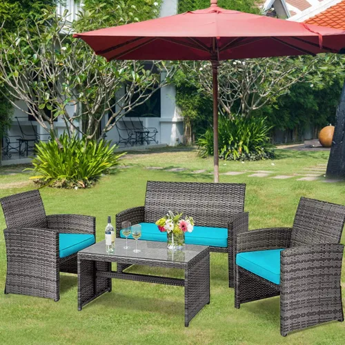 Miniatura 3 de Tangkula Juego de 4 piezas de mimbre para patio, sofás de ratán al aire libre con juego de mesa, juego de muebles de patio con cojines suaves y mesa