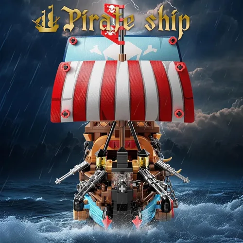 Miniatura 2 de Vziimo Juegos de construcción de barcos piratas con luces, modelo creativo de barco, barco pirata, juguetes de construcción para decoración