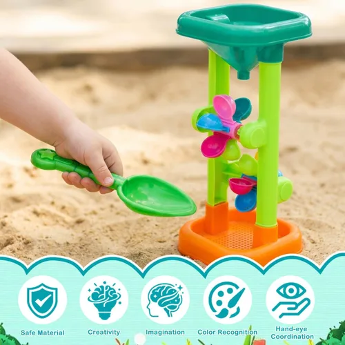 Miniatura 7 de Rueda de agua de arena: reloj de arena de juguete de playa para niños, doble embudo giratorio, torre de derrame con palas para patio trasero, caja