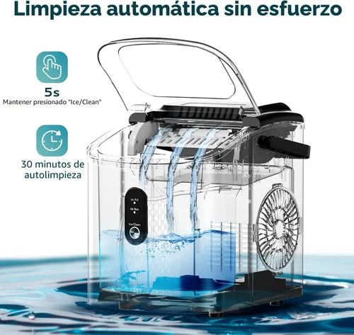 Miniatura 5 de EUHOMY Máquina de hielo portátil con asa de transporte, 26.5 libras por día, 9 cubos en 6 minutos, limpieza automática, con cesta y cuchara