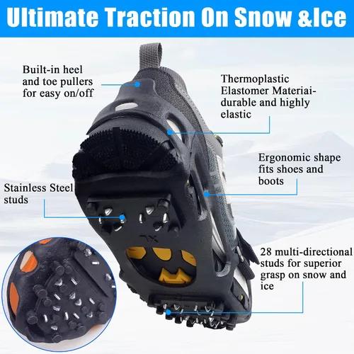 Miniatura 3 de Crampones, tacos de nieve de hielo para zapatos y botas con 28 tacos de acero antideslizantes para caminar sobre nieve y hielo, tacos de hielo