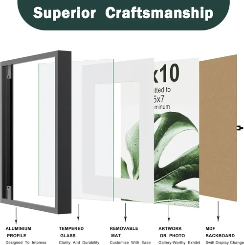Miniatura 4 de FrameWorks Marco de fotos de aluminio moderno de lujo de 5 x 7 pulgadas con paspartú de 4 x 6 pulgadas, color negro con vidrio templado y tapete