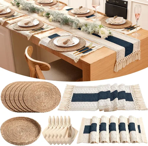 Miniatura 23 de 6 juegos de manteles individuales boho redondos tejidos, servilletas de tela, anillos para servilletas con cuentas de madera, camino de mesa largo