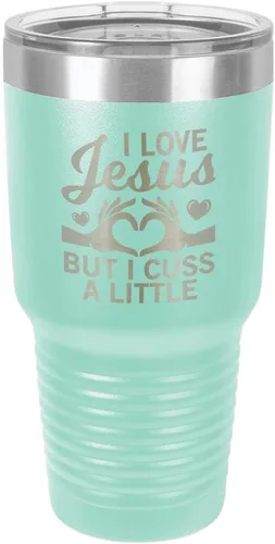 Miniatura 21 de Taza de viaje con texto en inglés "I Love Jessus I CUSS A LITTLE Engraved Tumbler", de acero con recubrimiento de polvo grabado con láser, sin BPA