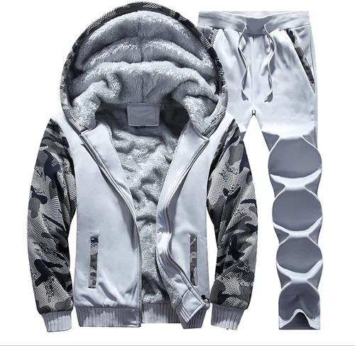 Miniatura 2 de Conjunto de chándal cálido de invierno para hombre, conjunto de chaquetas y pantalones de forro polar con bloques de color, conjunto elegante de 2