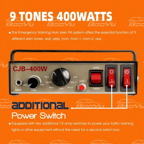 Miniatura 2 de Sistema PA de sirena de emergencia de advertencia policial de 12 V, 400 W, 9 tonos, [altavoz de diseño de 180°] [125-135 dB] [micrófono de mano]