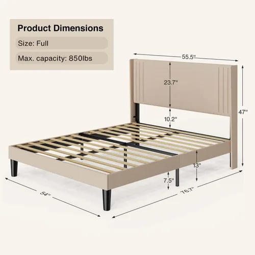 Miniatura 2 de Gizoon Base de cama matrimonial con cabecera de ala, plataforma tapizada con cabecera geométrica moderna, listones de madera, sin ruido, no necesita