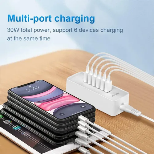Miniatura 2 de Cargador rápido USB, estación de carga portátil de 6 puertos, adecuado para varios dispositivos, compatible con iPhone, iPad, Samsung, Google