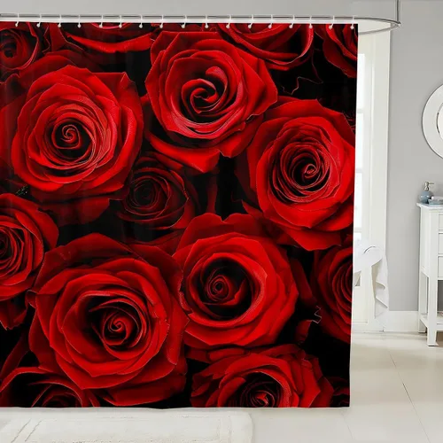 Cortina de ducha con rosas rojas, juego de cortinas de ducha para niñas, mujeres y niños, cortina de ducha de tela impermeable con flores botánicas,