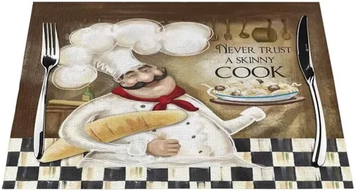 Miniatura 39 de Juego de 4 manteles individuales con estampado de cocina de chef, restaurante, cocina, acuarela, manteles individuales de tela lavable para mesa
