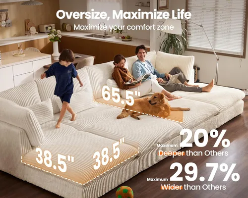 Miniatura 3 de Sofá modular de gran tamaño, sofá seccional de pana Cloud extra profundo con diván otomano chaise, sofá cama de chenilla esponjosa de 8 plazas