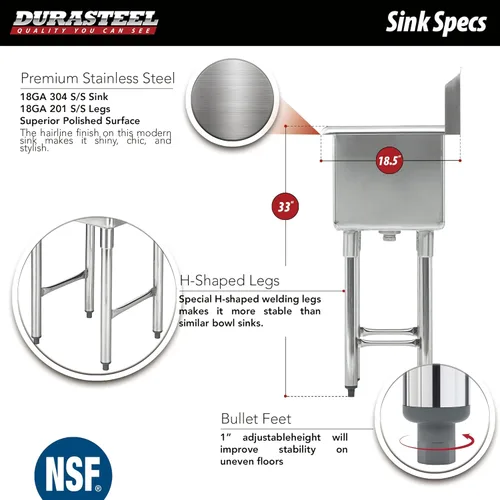 Miniatura 3 de DuraSteel 304 Fregadero Utilitario Comercial de Acero Inoxidable - Fregadero de Cocina Prep de 15 Pulgadas Independiente con Grifo - Estación