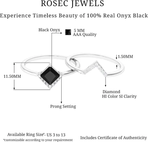 Miniatura 6 de Juego de anillos de boda de ónix negro y diamantes de corte princesa certificado 0.197 in Regalos de San Valentín para ella