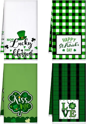 Honoson 4 paños de cocina para el día de San Patricio, decoración de granja, tréboles de la suerte, gnomos, paños de cocina a cuadros, absorbentes,