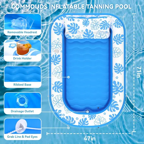 Miniatura 4 de Flotador Inflable para Piscina de Bronceado con Almohada Cervical - Flotadores de Piscina para Adultos para Tomar el Sol, Patio Trasero, Fiesta