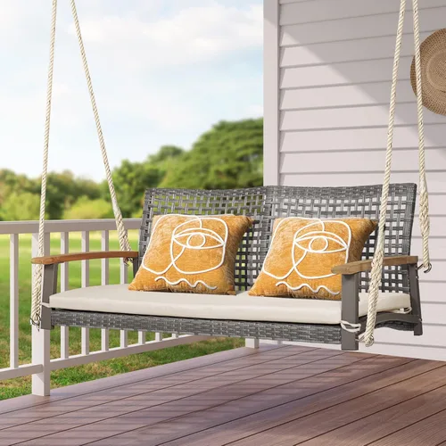Miniatura 2 de Happygrill Silla de columpio para patio para 2 personas, banco oscilante de ratán al aire libre con reposabrazos de madera de acacia y dos cuerdas