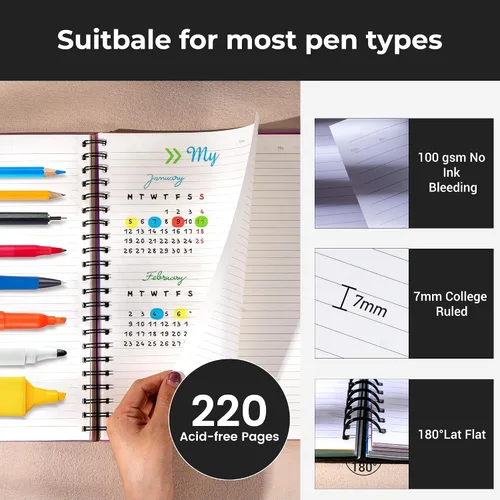 Miniatura 4 de CAGIE Cuaderno de 5 asignaturas con divisores, 220 páginas, cuadernos en espiral con pestañas de 5 x 7 pulgadas, cuaderno encuadernado en espiral A5