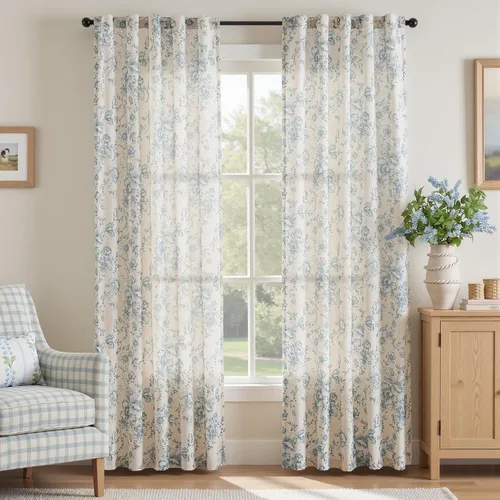 Miniatura 37 de Jinchan Cortinas de Mezcla de Lino con Estampado Floral para Sala de Estar, 84 Pulgadas de Largo, Cortinas con Bolsillo para Varilla y Tab Trasera