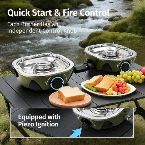 Miniatura 3 de INFOOD Estufa de camping de propano de 20,000 BTU – Estufa de gas portátil de 2 quemadores con control de llama ajustable, encendido piezoeléctrico