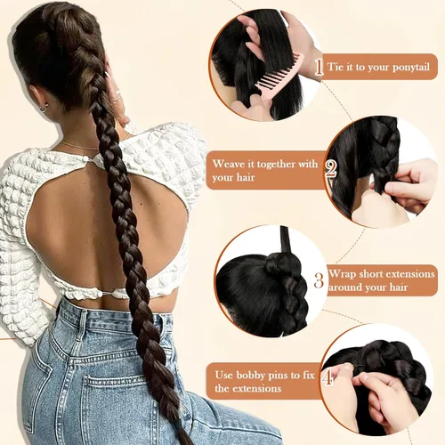 Miniatura 3 de Extensión de cola de caballo larga trenzada con banda para el cabello, color marrón claro, extensiones de cabello sintético suave y natural