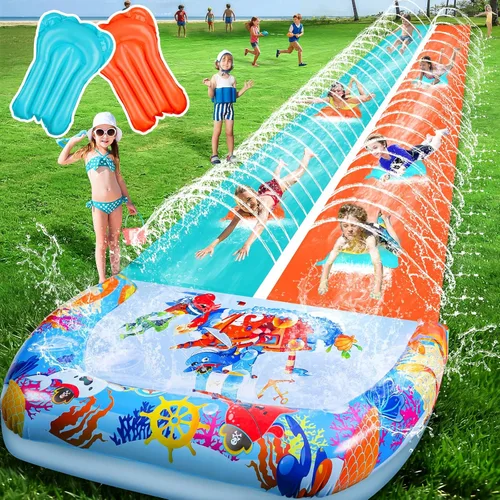 Miniatura 8 de Toboganes de agua dobles de 40 pies para niños y adultos, toboganes de agua extralargos con 2 bodyboards, resistentes, juguetes inflables gigantes