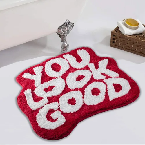 Miniatura 11 de Alfombra de baño negra con texto en inglés "You Look Good", alfombra de baño divertida, bonita, antideslizante, de microfibra, de felpa, pequeña