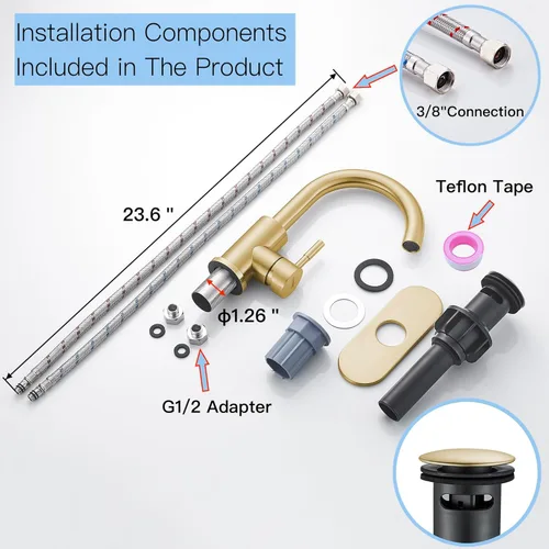 Miniatura 5 de Grifo de lavabo de baño de un solo agujero, oro cepillado, moderno grifo de baño de una sola manija grifo de barra de acero inoxidable comercial