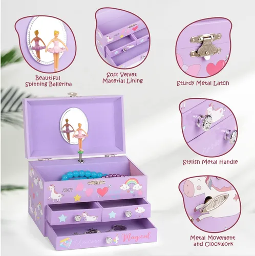 Miniatura 3 de efubaby Joyero musical para niñas, organizador de joyas de 3 capas con cajones, diseño de unicornio de bailarina giratoria, incluye juego de joyas