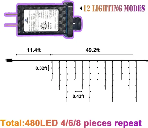 Miniatura 3 de Luces de Halloween para exteriores de 52 pies, 480 luces LED de Halloween moradas y naranjas, 12 modos de iluminación con temporizador de memoria