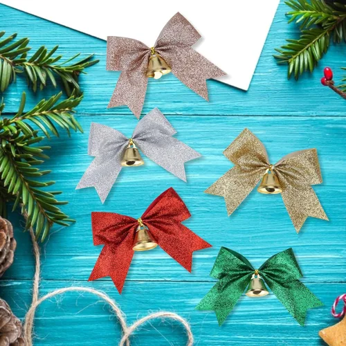 Miniatura 6 de Meseey 12 piezas de lazos de Navidad con campana, lazos de 4 pulgadas de oro metálico con purpurina para regalos, lazos prehechos con lazo