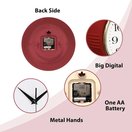Miniatura 6 de Lily's Home Reloj de pared retro, diseño vintage de 9.5 pulgadas, movimiento de cuarzo silencioso sin tictac, funciona con pilas, perfecto para Rojo