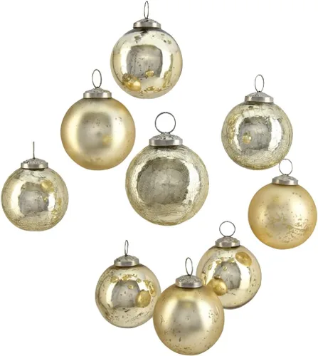 Serene Spaces Living Juego de 9 adornos de bola de cristal dorados surtidos para árbol de Navidad, decoraciones de vacaciones, boda de invierno,