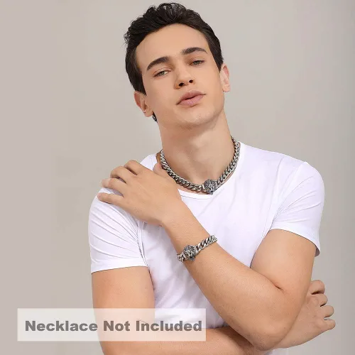 Miniatura 6 de Cadena de eslabones cubanos para hombre, gargantilla de león, collar de plata Hip Hop de 18 pulgadas, 20 pulgadas y pulsera de 8.5 pulgadas, juego
