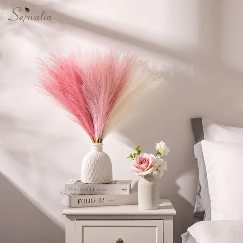Miniatura 8 de Serwalin 12 piezas de hierba de Pampas rosa, decoración de hierba de Pampas falsa rosa de 17.7 pulgadas, hierba de Pampas artificial corta rosa Un
