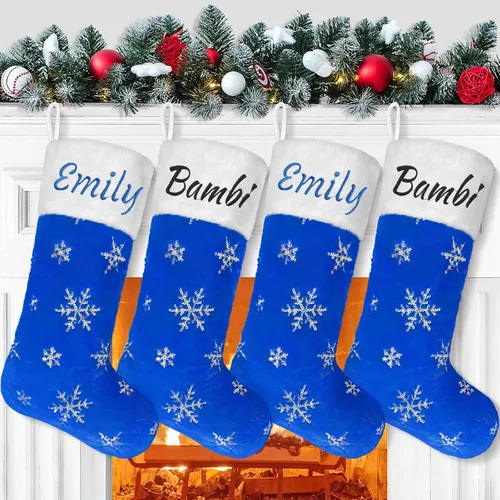 Miniatura 11 de Calcetines negros de piel sintética de Navidad, 1 paquete grande de 22 pulgadas, medias colgantes de felpa negra con nombre personalizado con copos