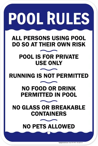 Miniatura 19 de Letrero de reglas de la piscina, «Swim at Your Own Risk, This is a Private Pool, No Food No Runing, No Glass, No Pets – Cartel de piscina, 10 x 14