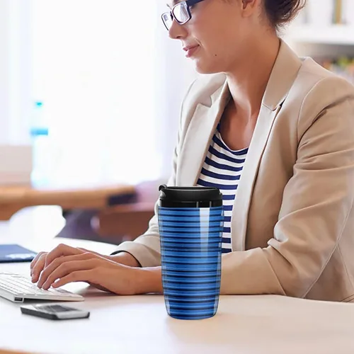 Miniatura 7 de Blue Corrugated Wall Art Coffee Cup Hot Coffee Travel Mug Reusable Iced Coffee Cups Double Heat Insulation Coffee Mug with Leak-Proof Lid Stylish