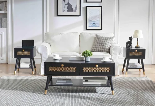 Miniatura 7 de Mesa de centro negra moderna de mediados de siglo con cajones de almacenamiento y estante abierto, mesa rectangular bohemia de madera maciza