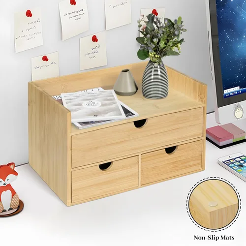 Miniatura 4 de Organizador de escritorio de bambú, organizador de escritorio con 3 cajones, caja de organización de almacenamiento de mesa para facturas, encimera