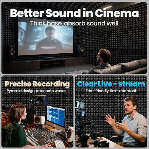 Miniatura 2 de Focusound Paneles acústicos, paquete de 24 unidades de 2 x 12 x 12 pulgadas con 120 adhesivos de doble cara, espuma piramidal a prueba de sonido