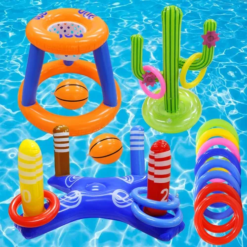 Juego de juguetes de piscina, aro de baloncesto inflable para piscina, juego de lanzamiento de anillos cruzados y cactus inflables para niños, para