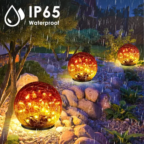 Miniatura 4 de 2 Pack 60 LED Luces solares de jardín para exterior, decorativas, luces de globo de vidrio agrietado con gradiente rojo, luces de bola impermeables