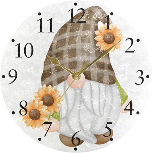Miniatura 2 de Reloj de pared de gnomo de girasol, silencioso, sin tictac, arte moderno, redondo, reloj de pared colgante con pilas, para cocina, sala de estar