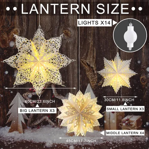 Miniatura 2 de Mudder 10 piezas de linterna de papel copo de nieve, linterna de papel estrella con 14 luces LED, lámpara de papel, decoración colgante de fiesta