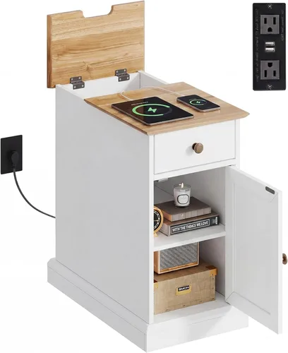 WLIVE Mesa auxiliar con estación de carga, mesa estrecha con cajón y gabinete, mesa auxiliar con estante ajustable para sala de estar/dormitorio,