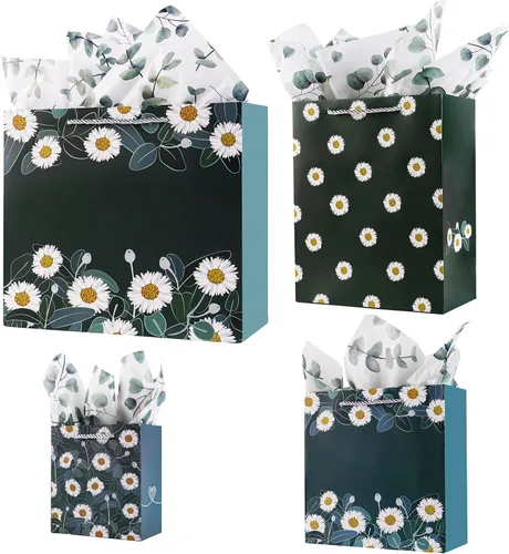 Bolsas de regalo de Cmecial Daisy (4 tamaños mixtos) - Juego de bolsas de papel con papel de seda para cumpleaños, baby shower, Navidad, fiesta y más