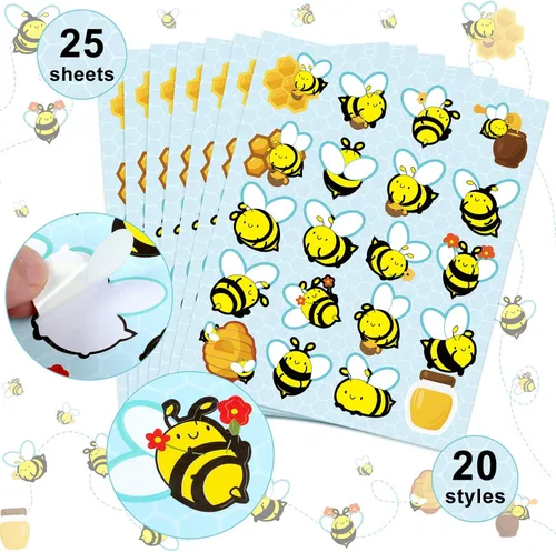 Miniatura 3 de 500 calcomanías impermeables de abeja para niños, 25 hojas, 20 estilos, calcomanías autoadhesivas de abeja de miel para manualidades, aula, escuela