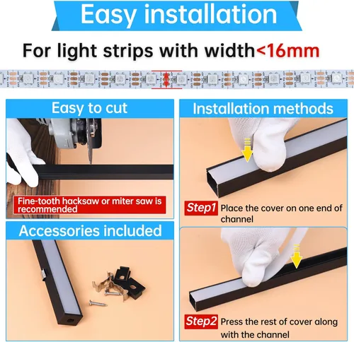 Miniatura 6 de Muzata Paquete de 10 canales LED de tamaño grande de 3.3 pies/3.3 ft, canal difusor de tira LED negro con cubierta difusora blanca esmerilada